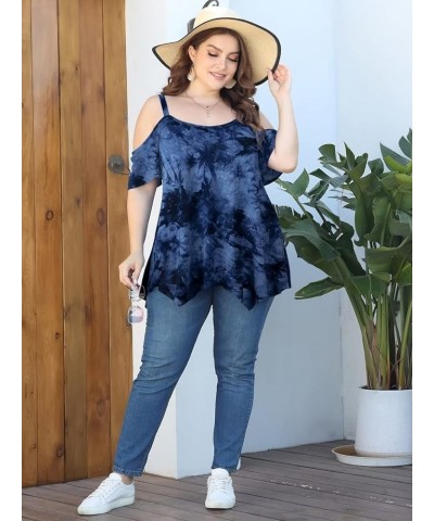 Cold Shoulder Tops for Womens Summer Clothes Spaghetti Strape Tunic Oversized Shirts Asymmetrical Plus Size Blouse T09-darkbl...