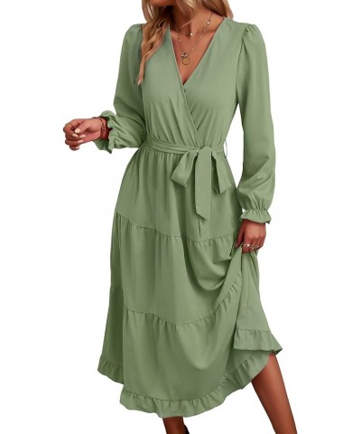 Women Elegant Bridesmaid Dress V Neck Long Sleeve Midi Dress 2024 Tie Waist A line Boho Dresses Green $26.45 Dresses