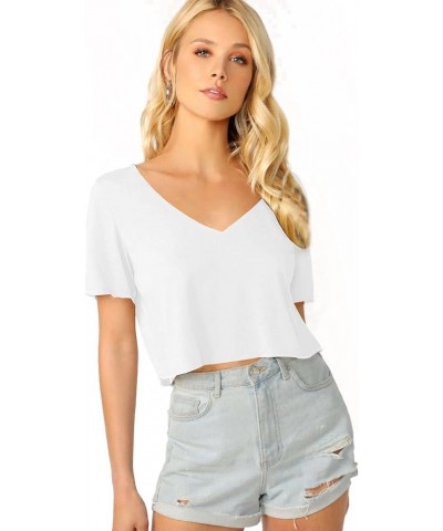 Women's Solid V Neck Crop T Shirt Top Causal Short Sleeve Tee Top Creamy White $12.23 T-Shirts