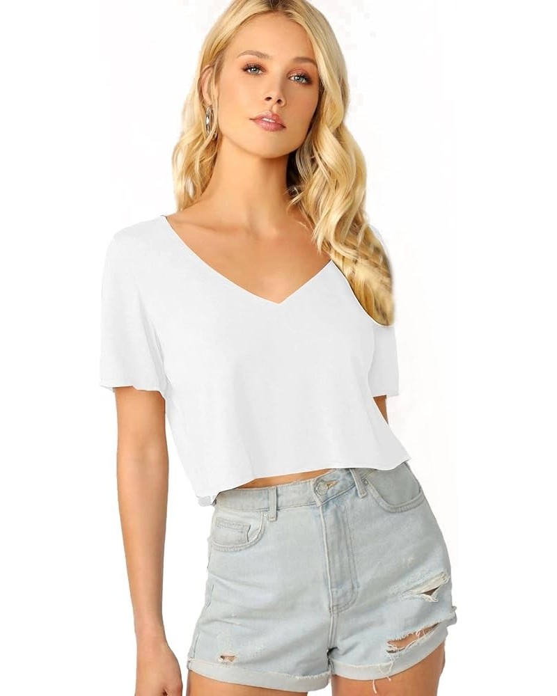 Women's Solid V Neck Crop T Shirt Top Causal Short Sleeve Tee Top Creamy White $12.23 T-Shirts