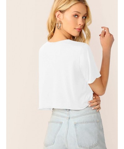 Women's Solid V Neck Crop T Shirt Top Causal Short Sleeve Tee Top Creamy White $12.23 T-Shirts