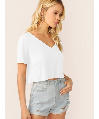 Women's Solid V Neck Crop T Shirt Top Causal Short Sleeve Tee Top Creamy White $12.23 T-Shirts