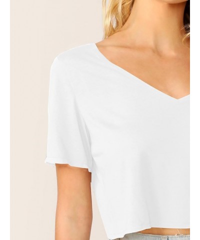 Women's Solid V Neck Crop T Shirt Top Causal Short Sleeve Tee Top Creamy White $12.23 T-Shirts