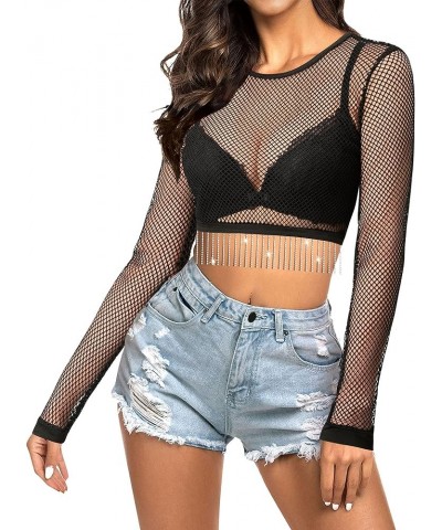 Women Nashville Rhinestone Fringe Mesh Crop Top Sheer See Through Sparkly Long Sleeve Rave Concert Outfit A-black Fishnet $7....