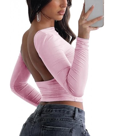 Women Basic Tight Shirt Top Long Sleeve Going Out Crop Tops Y2K Slim Fit Crew Neck Tee Shirt D-pink Backless Shirt $8.66 T-Sh...