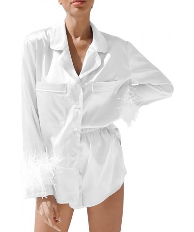 Women Stain Silk Long Sleeve Pajamas Set Feather Trim Lounge Sets Two Piece Button Down Sleepwear B White Fur $11.07 Sleep & ...