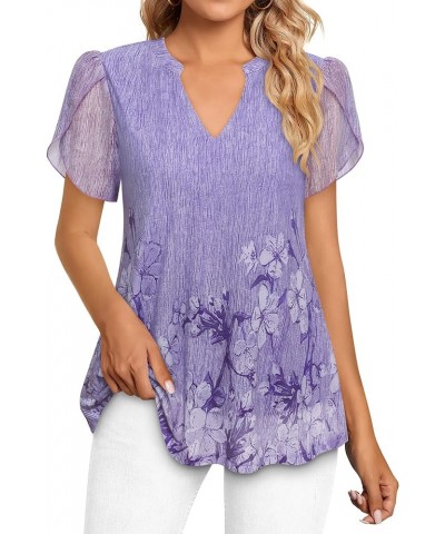 Womens Summer Ruffle Short Sleeve Tunic Tops Floral Dressy Blouses Violet $11.25 Tops