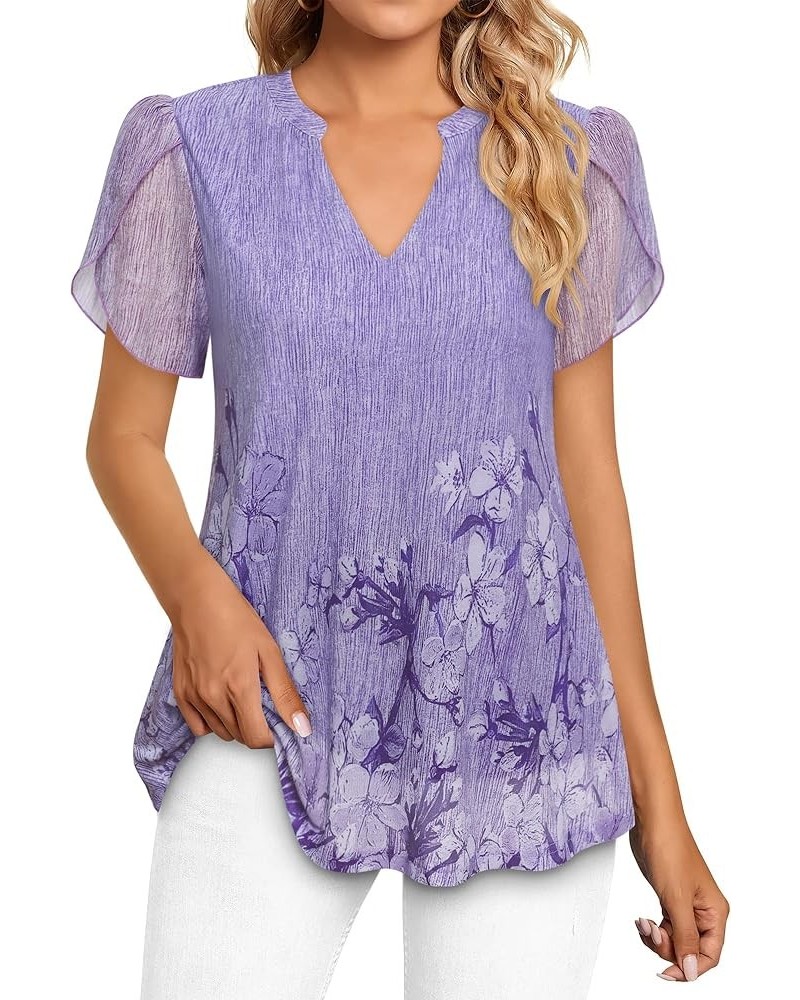 Womens Summer Ruffle Short Sleeve Tunic Tops Floral Dressy Blouses Violet $11.25 Tops