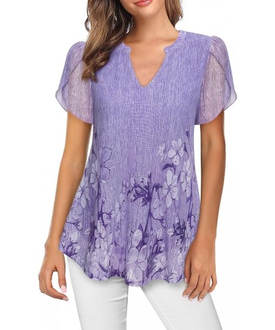 Womens Summer Ruffle Short Sleeve Tunic Tops Floral Dressy Blouses Violet $11.25 Tops