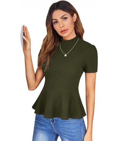 Women's Elegant Short Sleeve Stand Collar Stretch Peplum Blouse Top Dark Army Green $12.25 Blouses