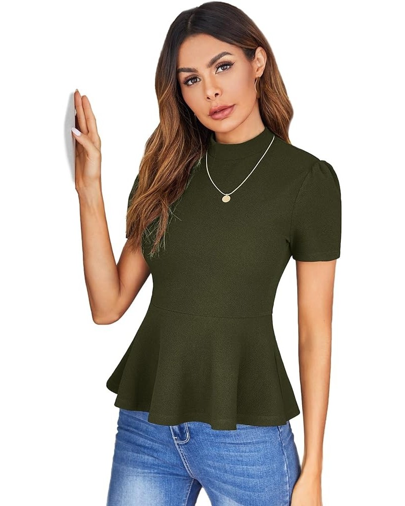 Women's Elegant Short Sleeve Stand Collar Stretch Peplum Blouse Top Dark Army Green $12.25 Blouses