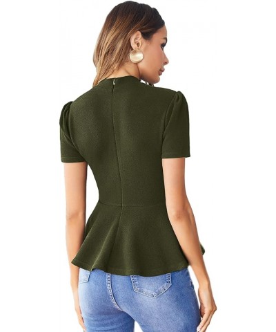 Women's Elegant Short Sleeve Stand Collar Stretch Peplum Blouse Top Dark Army Green $12.25 Blouses