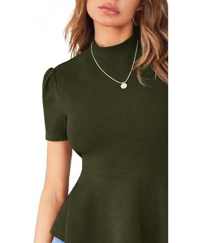 Women's Elegant Short Sleeve Stand Collar Stretch Peplum Blouse Top Dark Army Green $12.25 Blouses