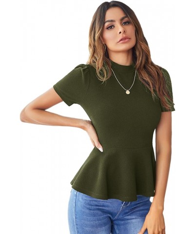 Women's Elegant Short Sleeve Stand Collar Stretch Peplum Blouse Top Dark Army Green $12.25 Blouses