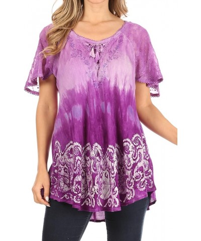 Petra Women's Casual Loose Flared Corset Short Sleeve Lace Blouse Top Tunic 2211-purple $16.42 Blouses