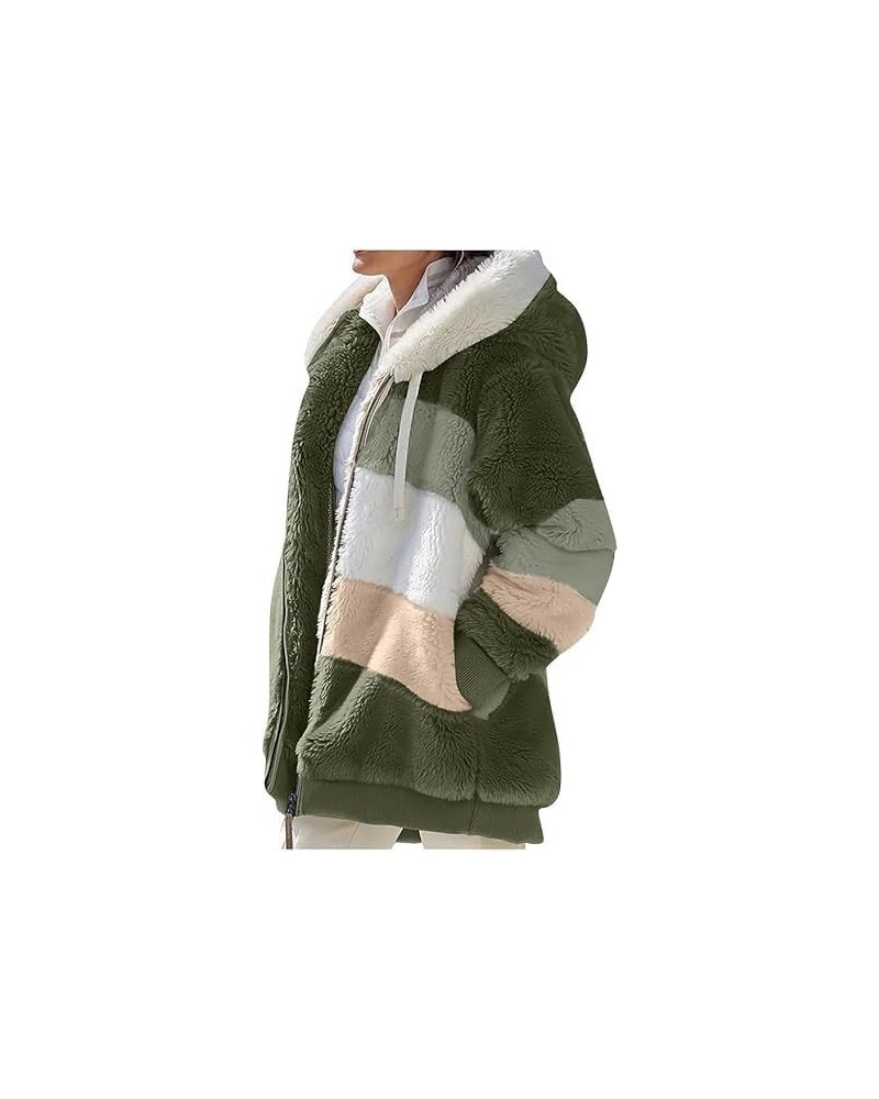 Women Winter Fuzzy Fleece Zip Up Jacket Fluffy Sherpa Cardigan Outerwear Coat Color Block Patchwork Hooded Coat 05 Army Green...