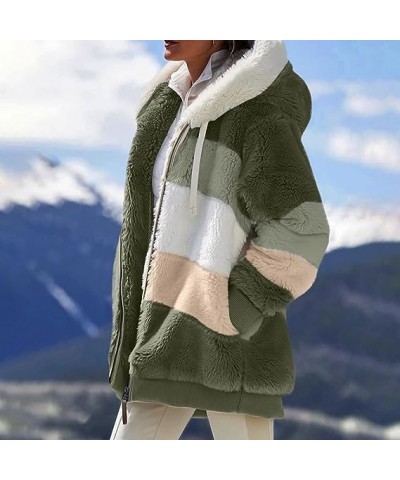 Women Winter Fuzzy Fleece Zip Up Jacket Fluffy Sherpa Cardigan Outerwear Coat Color Block Patchwork Hooded Coat 05 Army Green...