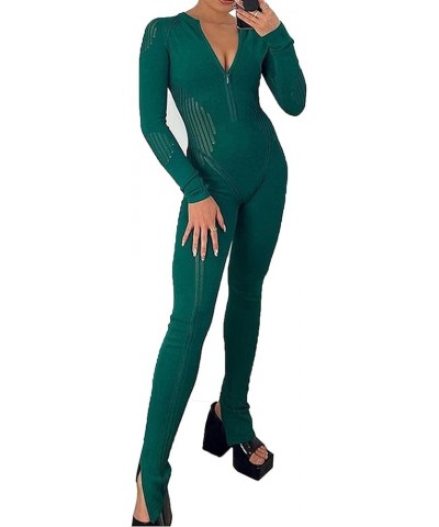 Women's Knitted Bodycon Jumpsuit Long Sleeve Hollow Out Zipper Down V-Neck See Through Romper Overalls Green $14.62 Jumpsuits