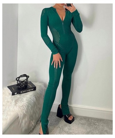 Women's Knitted Bodycon Jumpsuit Long Sleeve Hollow Out Zipper Down V-Neck See Through Romper Overalls Green $14.62 Jumpsuits