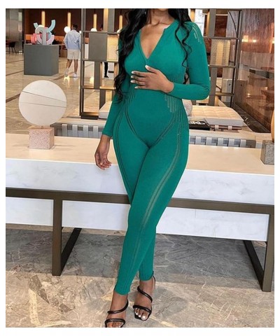 Women's Knitted Bodycon Jumpsuit Long Sleeve Hollow Out Zipper Down V-Neck See Through Romper Overalls Green $14.62 Jumpsuits