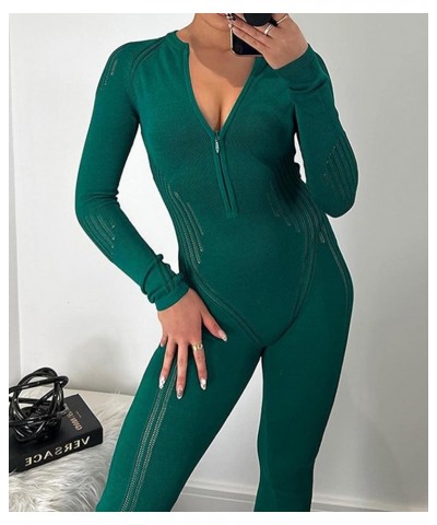 Women's Knitted Bodycon Jumpsuit Long Sleeve Hollow Out Zipper Down V-Neck See Through Romper Overalls Green $14.62 Jumpsuits