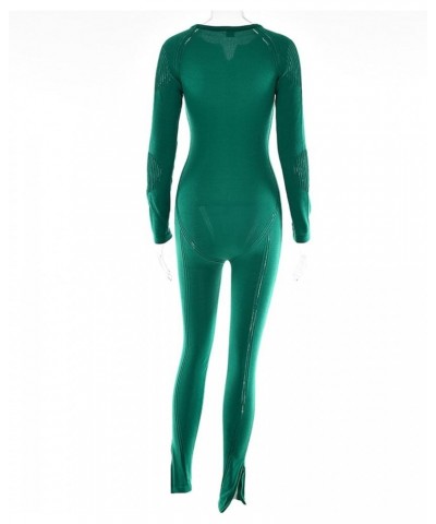 Women's Knitted Bodycon Jumpsuit Long Sleeve Hollow Out Zipper Down V-Neck See Through Romper Overalls Green $14.62 Jumpsuits