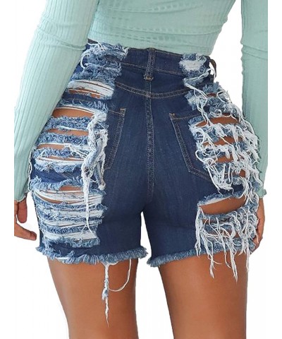 Women High Rise Distressed Stretchy Jean Shorts Ripped Hole Denim Short Jeans Darkblue $14.28 Shorts