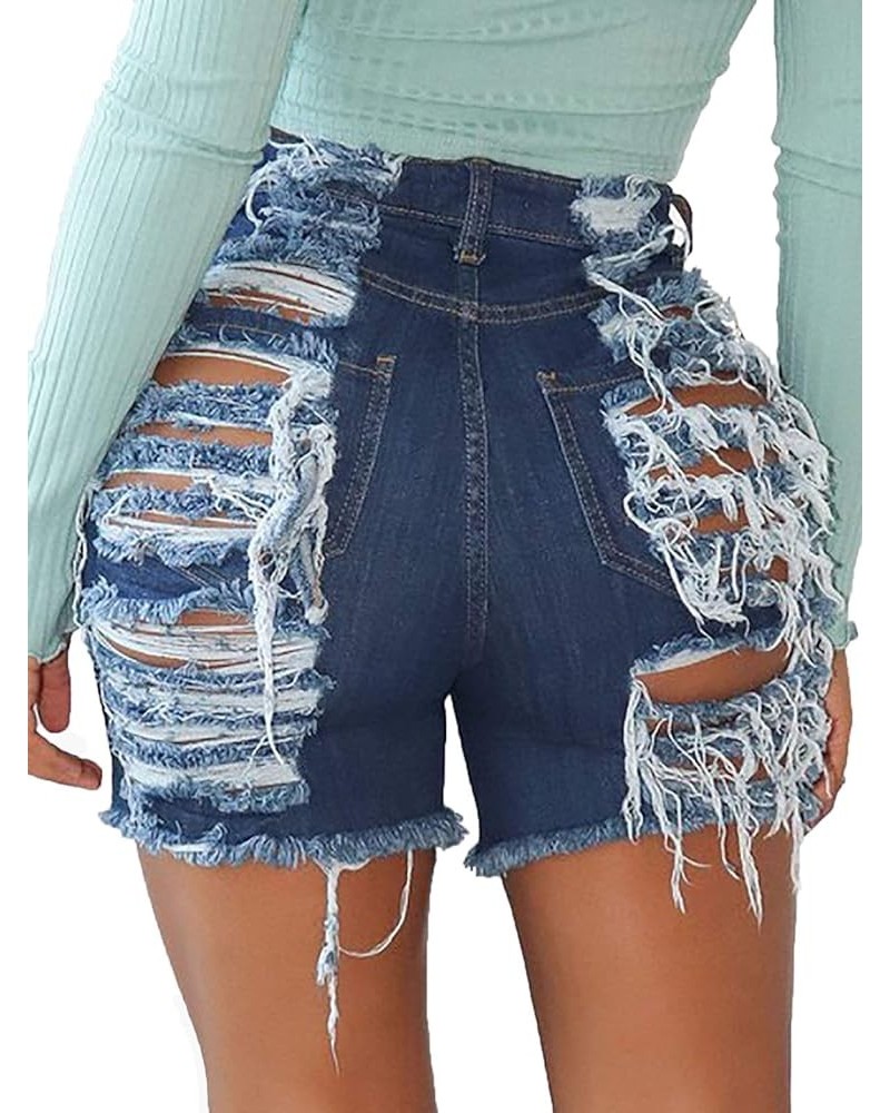 Women High Rise Distressed Stretchy Jean Shorts Ripped Hole Denim Short Jeans Darkblue $14.28 Shorts