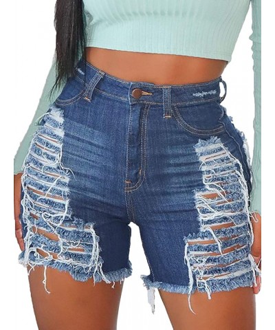 Women High Rise Distressed Stretchy Jean Shorts Ripped Hole Denim Short Jeans Darkblue $14.28 Shorts