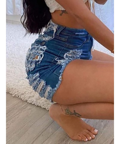 Women High Rise Distressed Stretchy Jean Shorts Ripped Hole Denim Short Jeans Darkblue $14.28 Shorts