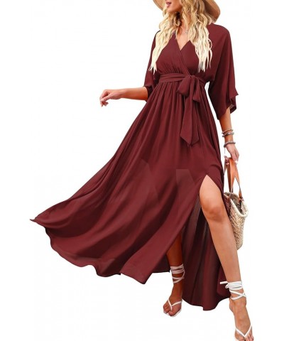 Women’s Summer Loose Kimono Maxi Dress Wrap V Neck 3/4 Sleeve Floral Print Slit Long Dresses Red $27.50 Dresses