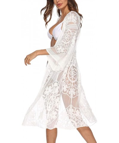 Women's Lace Cardigan Floral Crochet Sheer Beach Bikini Cover Ups Long Open Kimono White 1 $12.00 Swimsuits