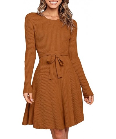 Women's Long Sleeve Sweater Dress Crew Neck A-Line Swing Slim Fit Ribbed Knit Short Dress with Belt Pumpkin $20.16 Dresses