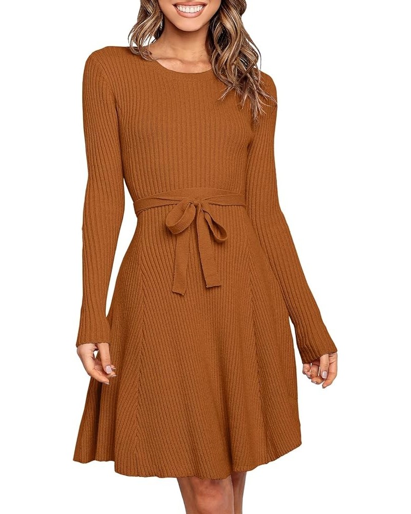 Women's Long Sleeve Sweater Dress Crew Neck A-Line Swing Slim Fit Ribbed Knit Short Dress with Belt Pumpkin $20.16 Dresses