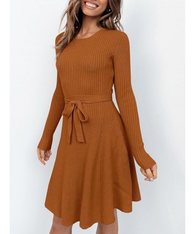 Women's Long Sleeve Sweater Dress Crew Neck A-Line Swing Slim Fit Ribbed Knit Short Dress with Belt Pumpkin $20.16 Dresses