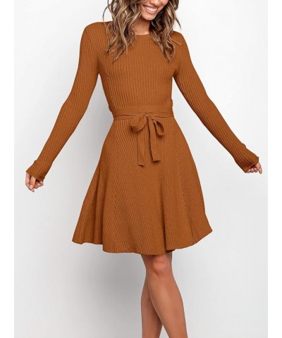 Women's Long Sleeve Sweater Dress Crew Neck A-Line Swing Slim Fit Ribbed Knit Short Dress with Belt Pumpkin $20.16 Dresses