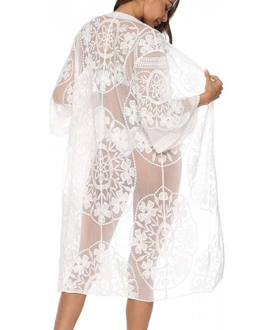 Women's Lace Cardigan Floral Crochet Sheer Beach Bikini Cover Ups Long Open Kimono White 1 $12.00 Swimsuits