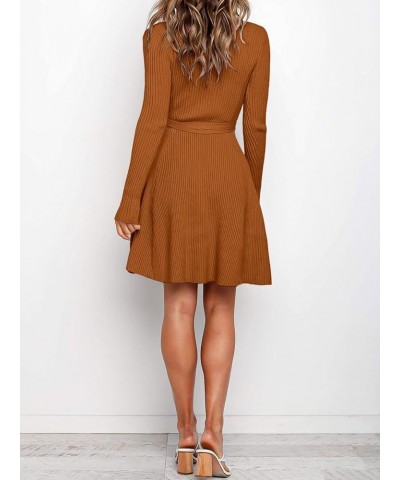 Women's Long Sleeve Sweater Dress Crew Neck A-Line Swing Slim Fit Ribbed Knit Short Dress with Belt Pumpkin $20.16 Dresses