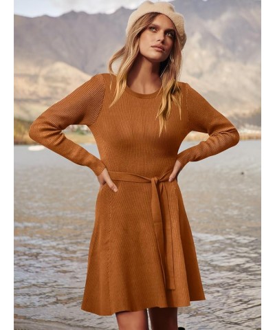 Women's Long Sleeve Sweater Dress Crew Neck A-Line Swing Slim Fit Ribbed Knit Short Dress with Belt Pumpkin $20.16 Dresses