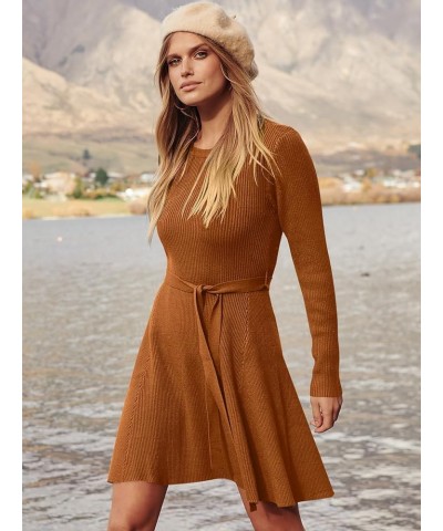 Women's Long Sleeve Sweater Dress Crew Neck A-Line Swing Slim Fit Ribbed Knit Short Dress with Belt Pumpkin $20.16 Dresses