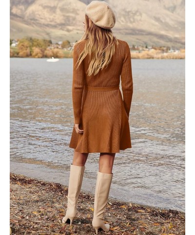 Women's Long Sleeve Sweater Dress Crew Neck A-Line Swing Slim Fit Ribbed Knit Short Dress with Belt Pumpkin $20.16 Dresses