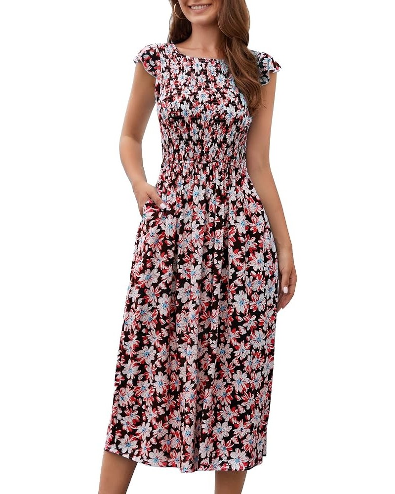 Womens Floral Print Round Neck Smocked Midi A-Line Dress with Pocket Black $20.29 Dresses