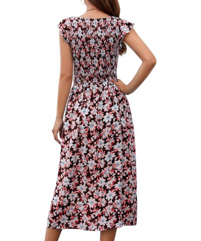 Womens Floral Print Round Neck Smocked Midi A-Line Dress with Pocket Black $20.29 Dresses