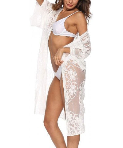 Women's Lace Cardigan Floral Crochet Sheer Beach Bikini Cover Ups Long Open Kimono White 1 $12.00 Swimsuits