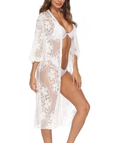 Women's Lace Cardigan Floral Crochet Sheer Beach Bikini Cover Ups Long Open Kimono White 1 $12.00 Swimsuits