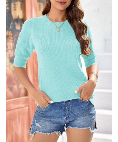 Womens Puff Short Sleeve Sweater Tops Summer Soft Crewneck Pullover Shirt Lightweight Cable Knit Blouse Picture $19.19 Sweaters