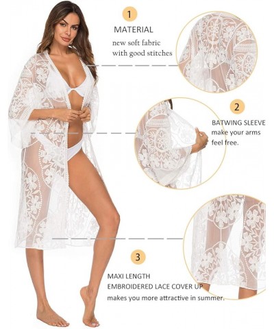 Women's Lace Cardigan Floral Crochet Sheer Beach Bikini Cover Ups Long Open Kimono White 1 $12.00 Swimsuits