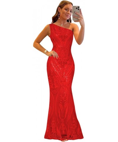 Women's One Shoulder Sequin Prom Dress Sparkly Mermaid Bodycon Ball Gown Sleeveless Long Formal Evening Dresses Red $25.80 Je...