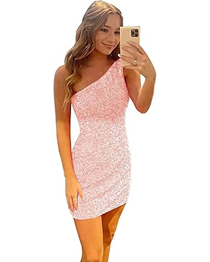 One Shoulder Homecoming Dresses Tight Sparkly Sequin Short Bodycon Mini Prom Cocktail Party Gown Pink $24.48 Dresses