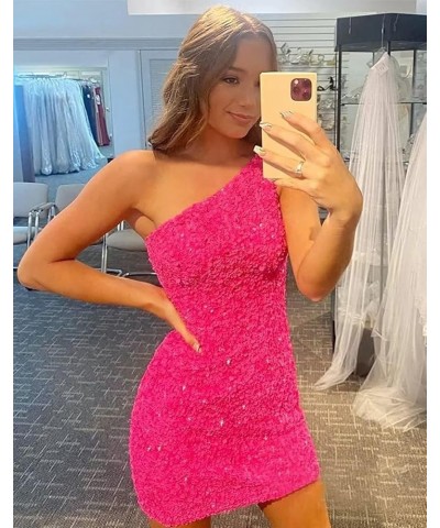 One Shoulder Homecoming Dresses Tight Sparkly Sequin Short Bodycon Mini Prom Cocktail Party Gown Pink $24.48 Dresses